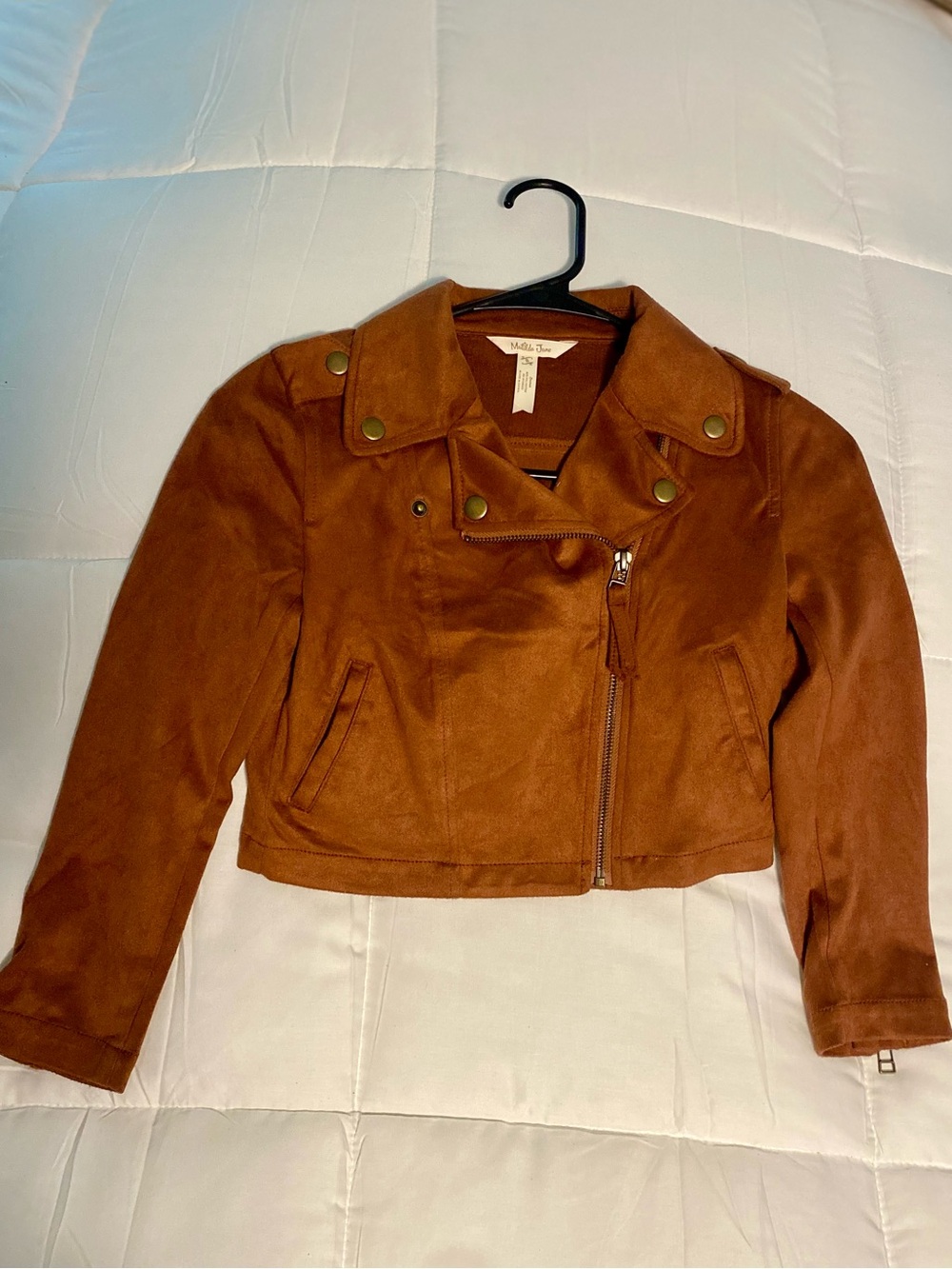 Matilda Jane Cropped Faux-Suede Moto Jacket in Rust Brown